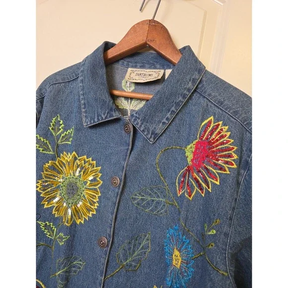 Vtg 90s Tantrums Ladybug Sunflower‎ Denim Shacket Embroidered Beads Sequins Sz M - Picture 4 of 16